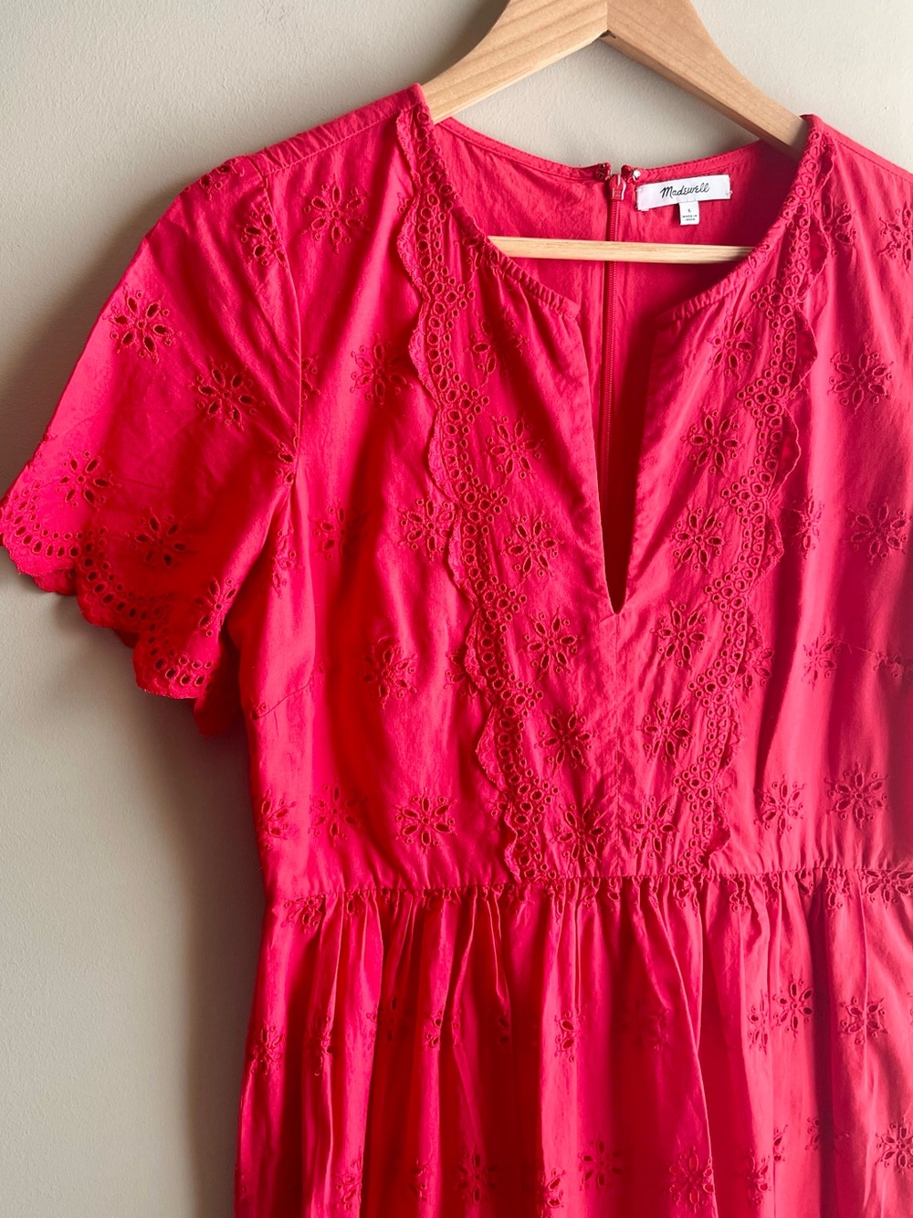 Madewell Bright Red v Neck Eyelet Midi Dress 100% Cotton - Picture 3 of 4